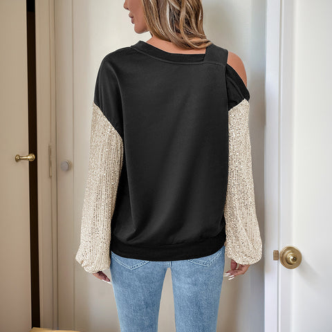 Long-sleeved sequins off-the-shoulder color matching sweater women's m300825