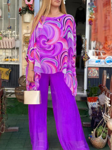 Color chiffon set casual crew neck printing two-piece set m302315