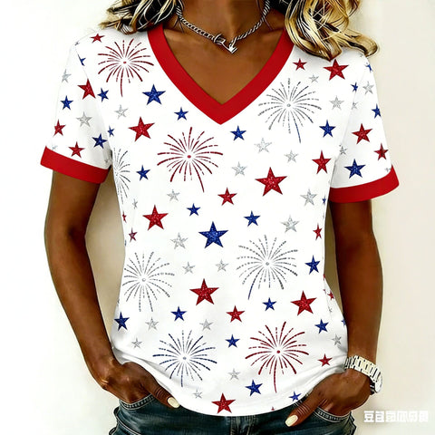 Women's short-sleeved Independence Day commemorative elements retro digital printing T-shirt m302361