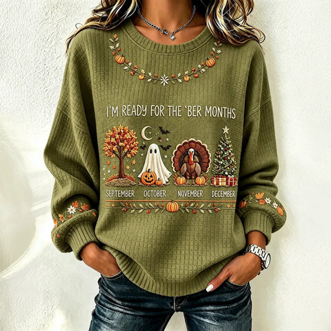 Halloween Waffle Print Crew Neck Long Sleeve Casual Pullover Sweater FF303495