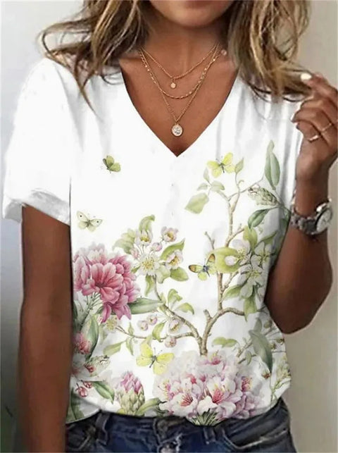 Faux cotton short-sleeve V-neck printed women's wear m303193