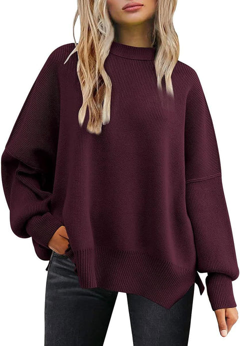 Crew neck bat wing long-sleeved sweater autumn knitted side slit jumper m301590