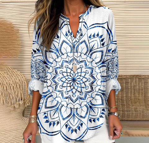 3D marble shading trendy V-neck shoulder shirt curved hem long sleeve m301292