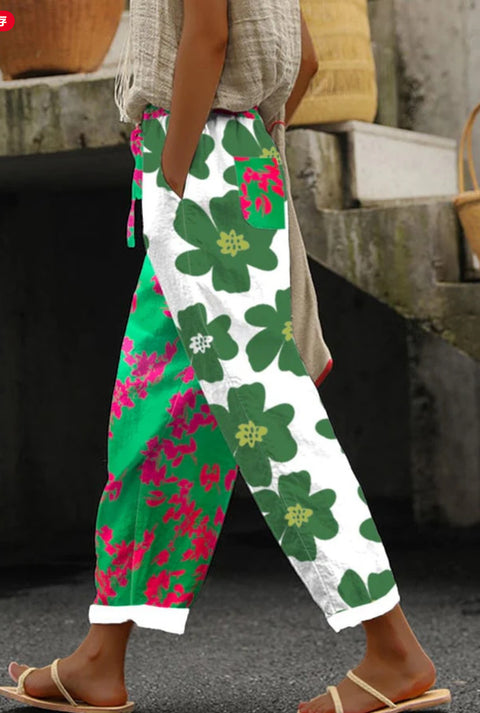 Linglong hemp digital printing simple crimped casual pants m303184