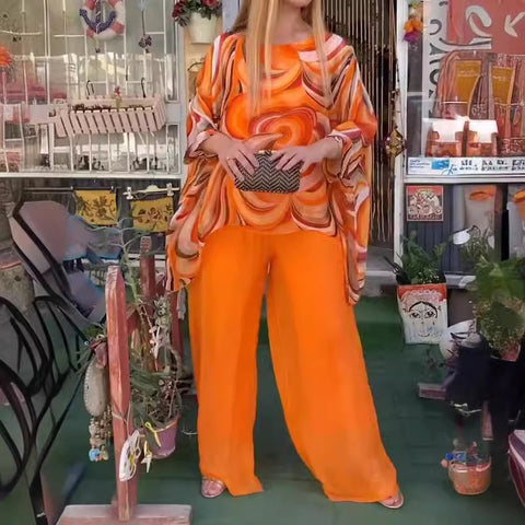 Color chiffon set casual crew neck printing two-piece set m302315