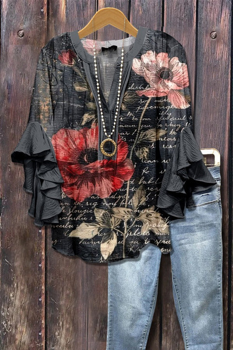 Digital printing casual trend V-neck lotus edge T-shirt women's m302725-1