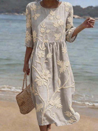 Women's medium and long sleeves side bag crew neck dress seaside vacation loose dress m302606
