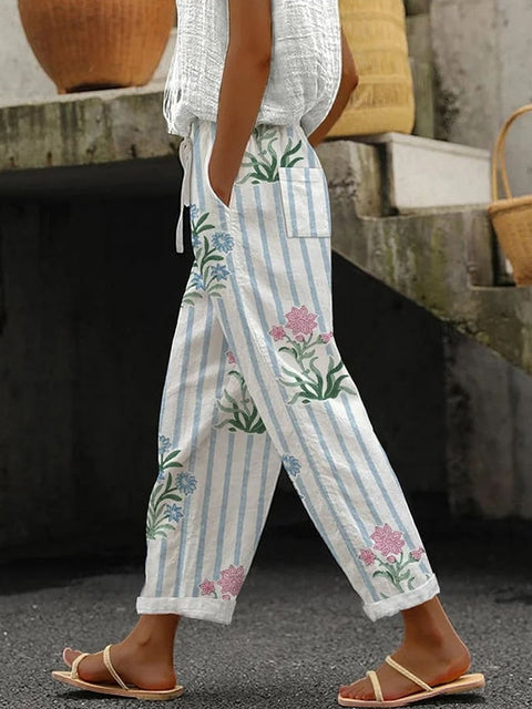 Regular drawstring pocket slacks multi-color digital print women's trousers m301434