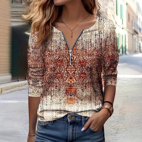 Women's Autumn Loose Design Ethnic Crew Neck Printed Zipper Long Sleeve POLO Shirt m301774