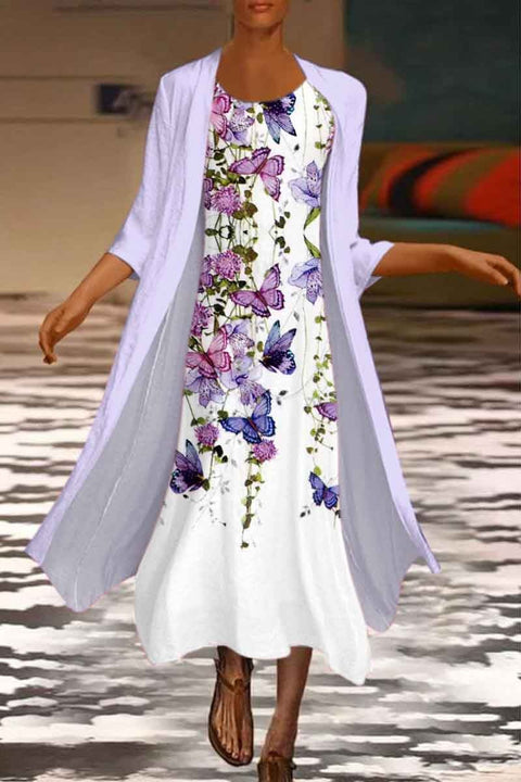 New women's long dress two-piece set flower and grass print crew neck dress m301251