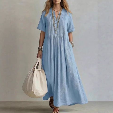 Ladies casual loose V-neck short-sleeved pleated cotton and linen dress m303244