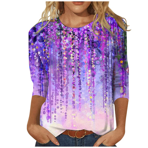 Women's Clothing round Neck 3/4 Sleeves Loose Print T-shirt M300227