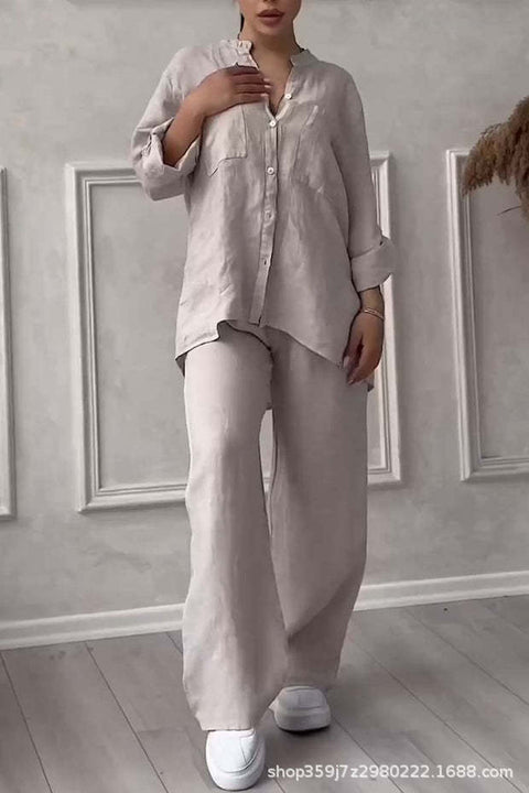 Casual cotton and linen solid color shirt drawstring wide-leg pants set m302317