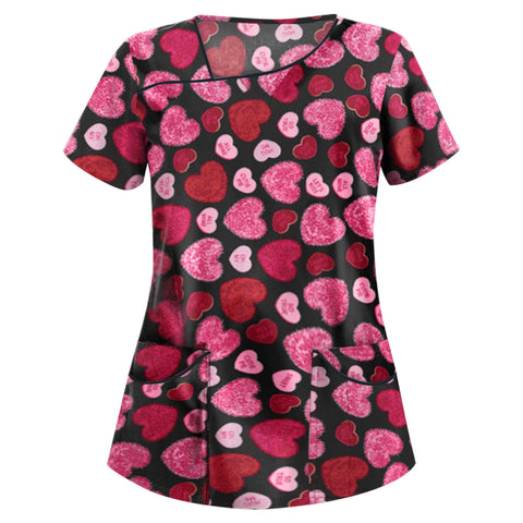Printed V-neck short-sleeved pocket T-shirt women's top m301596