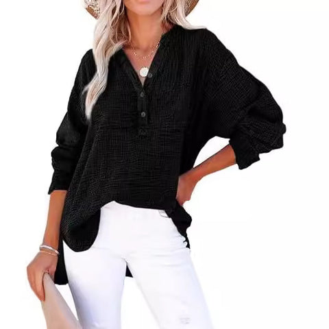 Pleated button long sleeve solid color top women's shirt loose cotton jumper m301576