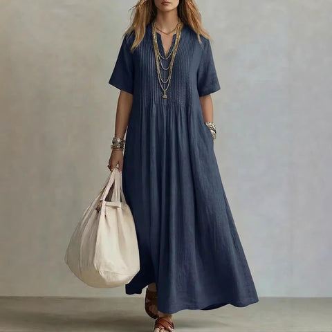 Ladies casual loose V-neck short-sleeved pleated cotton and linen dress m303244