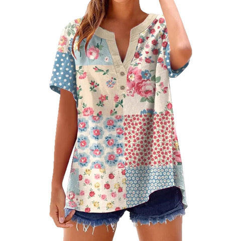 Bedrucktes V-Ausschnitt Kurzarm-T-Shirt m303021
