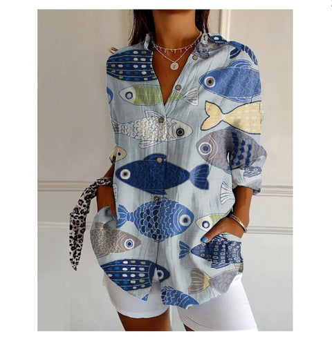3D digital printing abstract pattern women's long-sleeved buckle linen shirt m301277