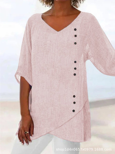 T-shirt ample à manches 3/4 et col en V pour femme, imprimé animalier et paysage naturel, m301289 