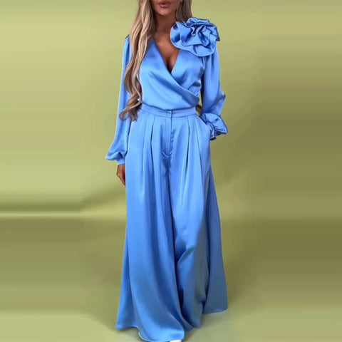 Women's Luxury Elegant V-Neck Satin Long Sleeve Top Wide Leg Pants Set m302514