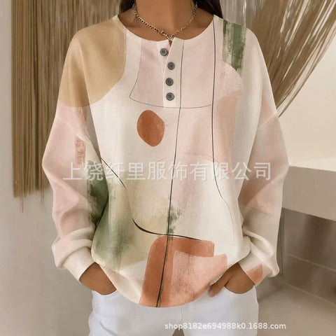 Crew neck 4 buckle spring and autumn fashion pattern 3D printing casual loose women's sweater FF303411 01