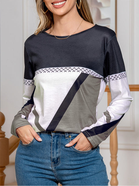 Spring and Autumn Elegant Geometric Contrast Top Long Sleeve T-Shirt m301645