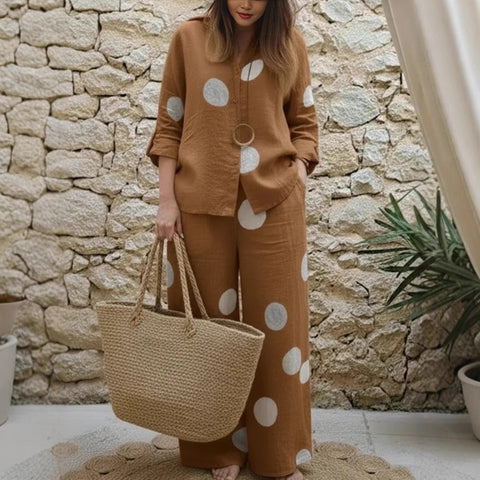 Women's suit long-sleeved lapel button-up top trousers printed two-piece set m302718