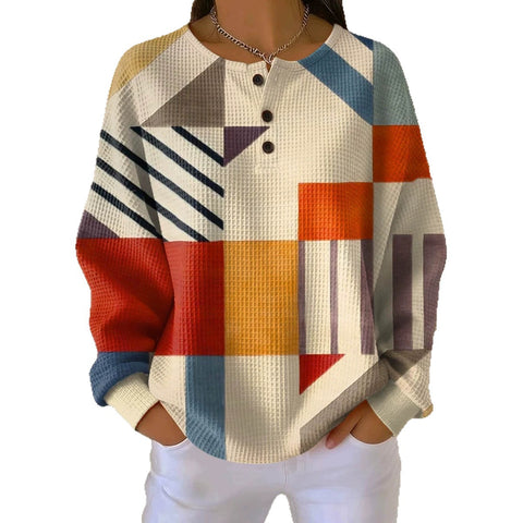 3D-Digitaldruck lockeres lässiges Waffel-Stehkragen-Langarmshirt m303065