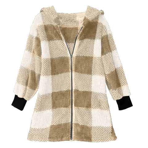 Long Sleeve Plaid Hooded Zipper Pocket Loose Jacket m302168