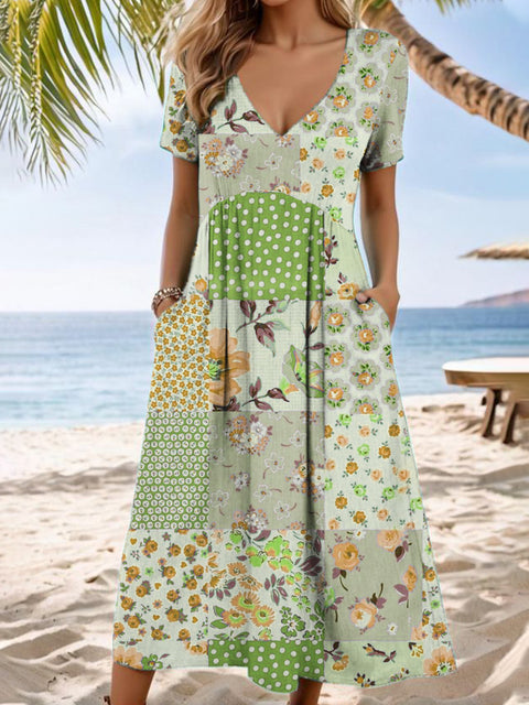 Casual V-neck short-sleeved pocket digital printing women's dress long dress m301426