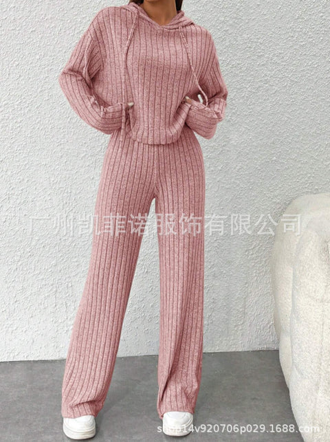 Casual knitted long-sleeved suit women's foreign trade hooded sweater loose trousers two-piece set m301892