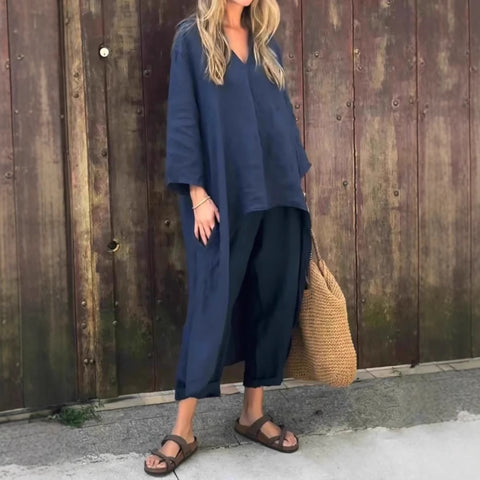 Women's summer pocket V-neck 2-piece set solid color loose women's clothing m302332