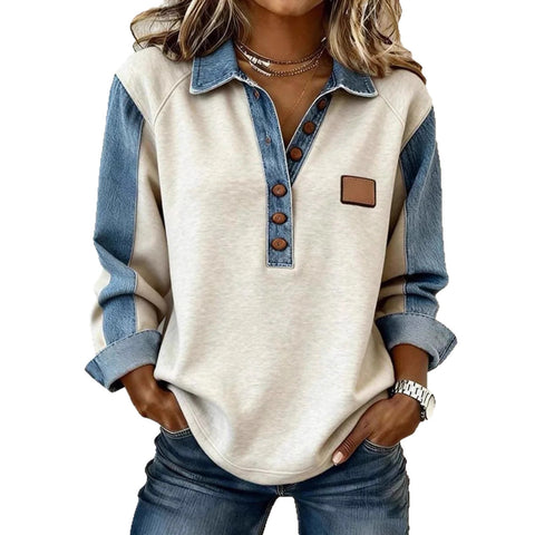 Color matching denim neck knitted sweater women's loose long sleeve m302214