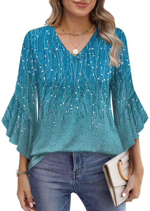 Solid color knitted printed V-neck ruffle edge seven-quarter sleeve loose top m301522