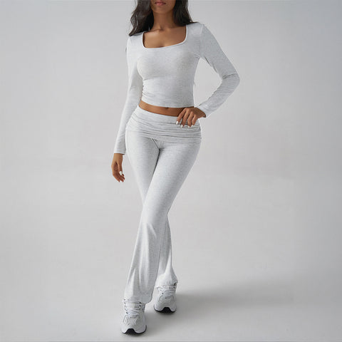 Solid color casual knitted long-sleeved top yoga suit two-piece pants set m301815