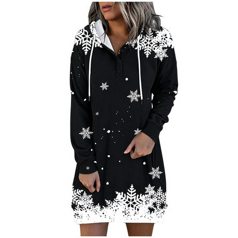 Autumn and Winter Snowflake 3D Printed Button Hooded Sweater Long Women's Top FF303509