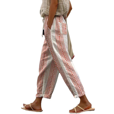 Regular drawstring pocket slacks multi-color digital print women's trousers m301434