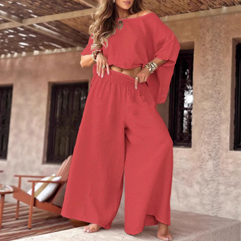 Solid color explosive casual loose round neck off-the-shoulder summer women's suit m302330