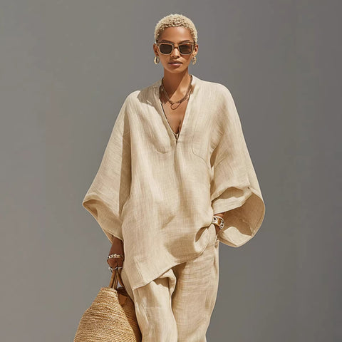 Women's casual style design bat sleeve V-neck lazy loose set m302386