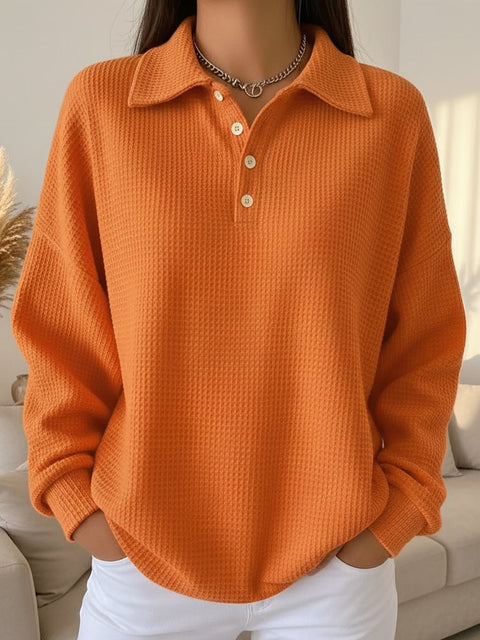 Loose solid color lapel versatile polo shirt waffle long sleeve women's top m302256
