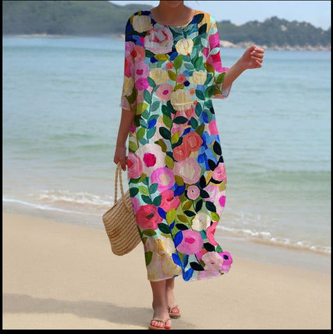 Women's Crew Neck Long Printed Casual Fashion Women's Dress m301059