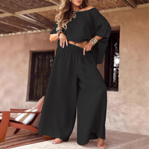 Solid color explosive casual loose round neck off-the-shoulder summer women's suit m302330