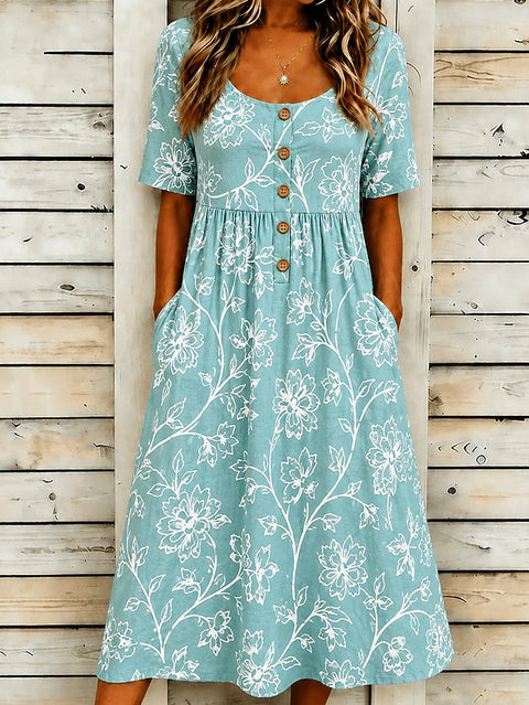 Casual round neck pullover short sleeve printed pleated waist pendulum skirt m303081