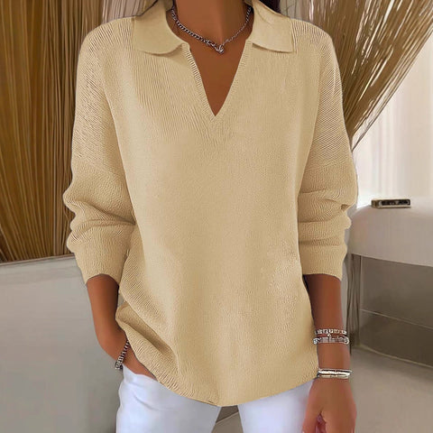 Digital printing women's lapel neck long-sleeved solid color knitted fleece sweater m302076