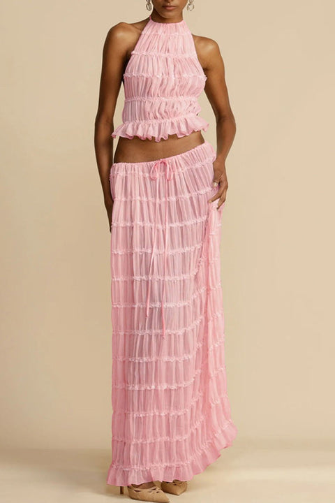 backless neck sling drawstring chiffon pleated long skirt two-piece set m301879