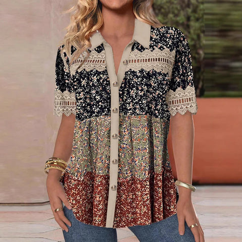 Casual shirt collar short sleeve regular cardigan digital print women's shirt m301417