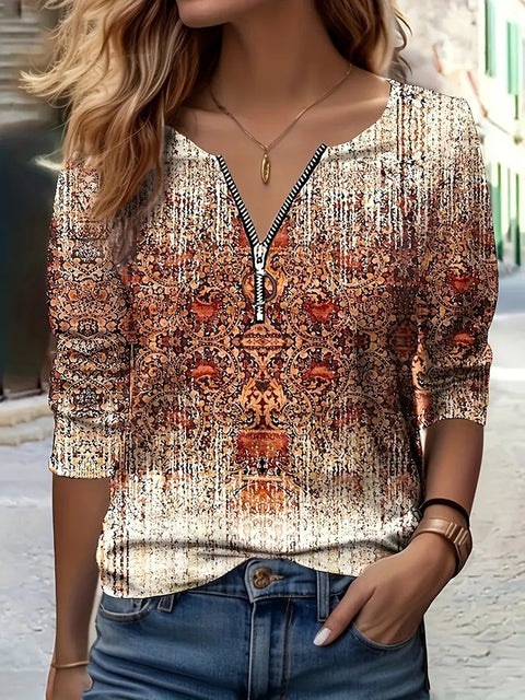 Women's Autumn Loose Design Ethnic Crew Neck Printed Zipper Long Sleeve POLO Shirt m301774