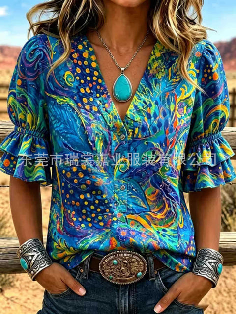V-neck three-button top digital print horn-sleeved shirt FF303333