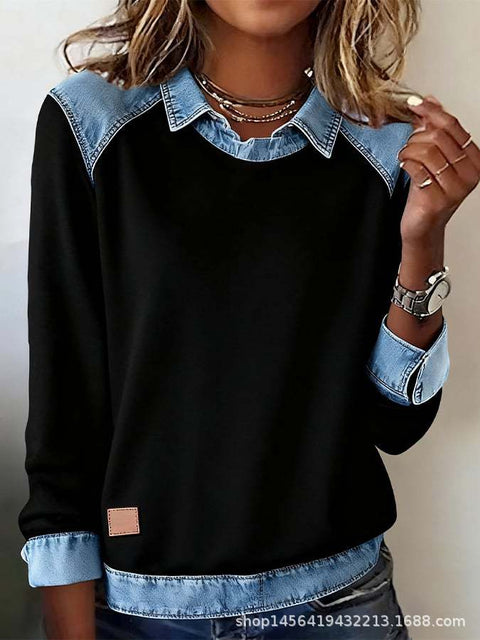 Denim collar long sleeves, pullover spliced knitted sweater top m302161