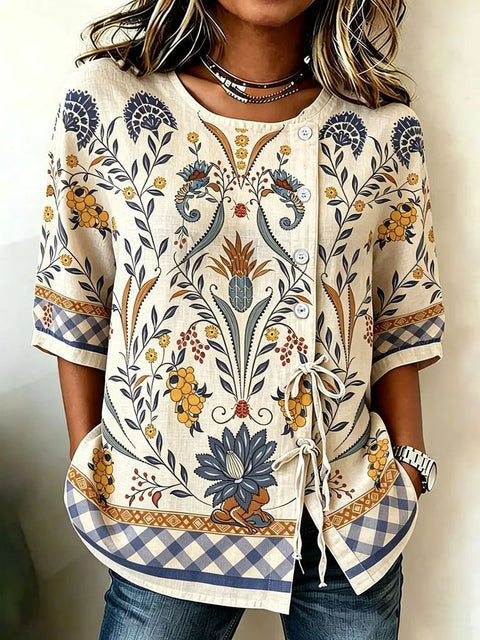 Color matching loose blouse five-button drawstring m302924